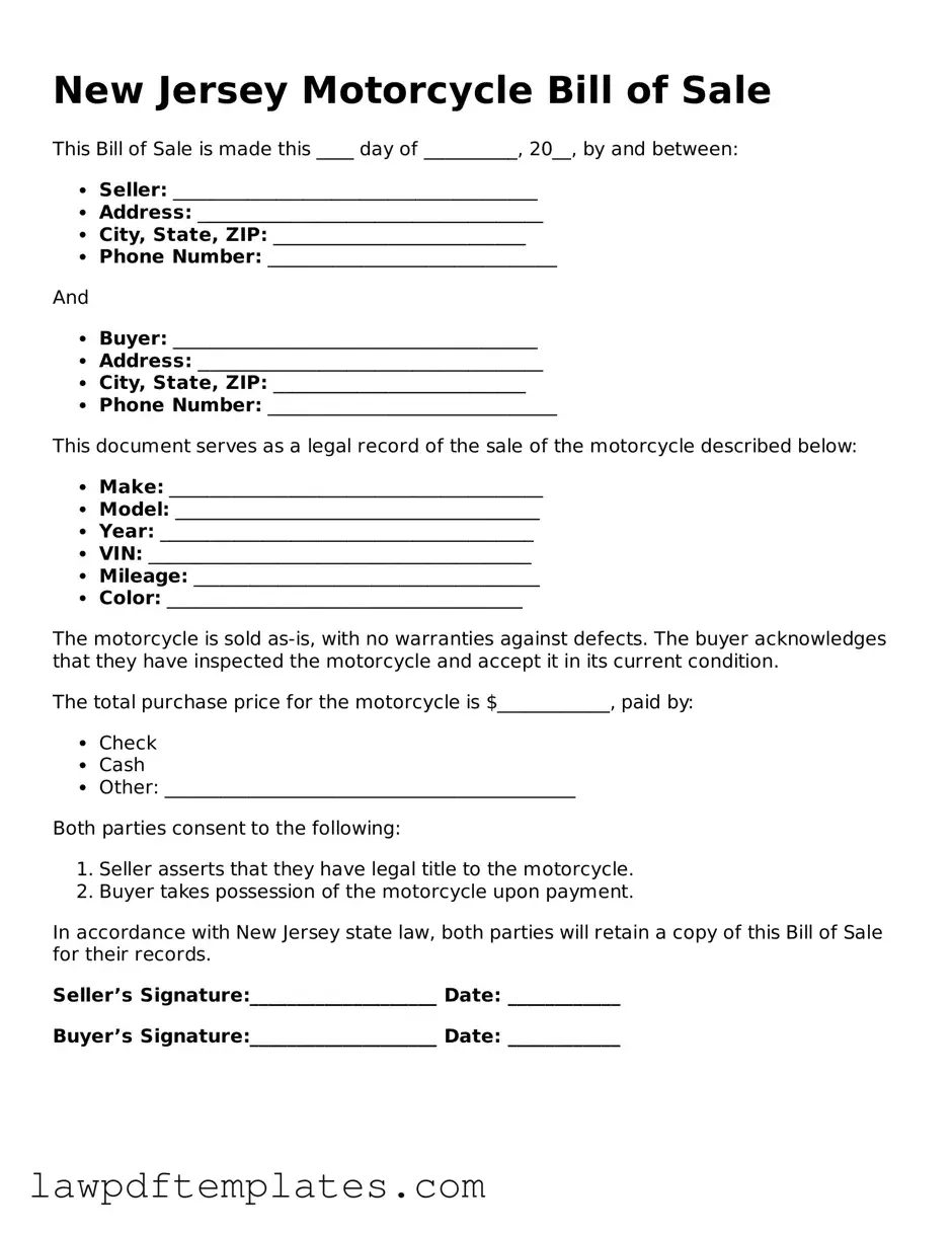 Free Motorcycle Bill of Sale Template for the State of New Jersey