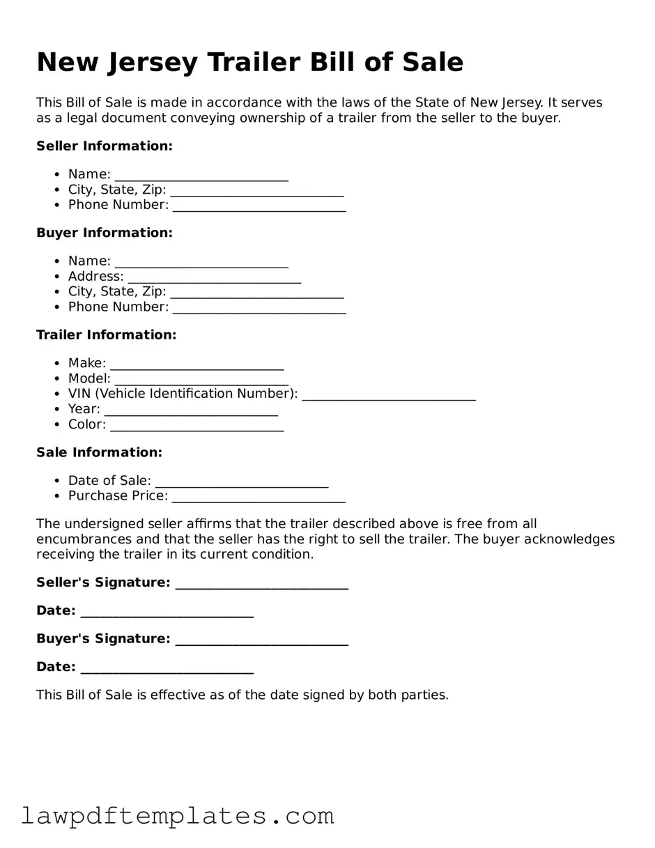 Free Trailer Bill of Sale Template for the State of New Jersey