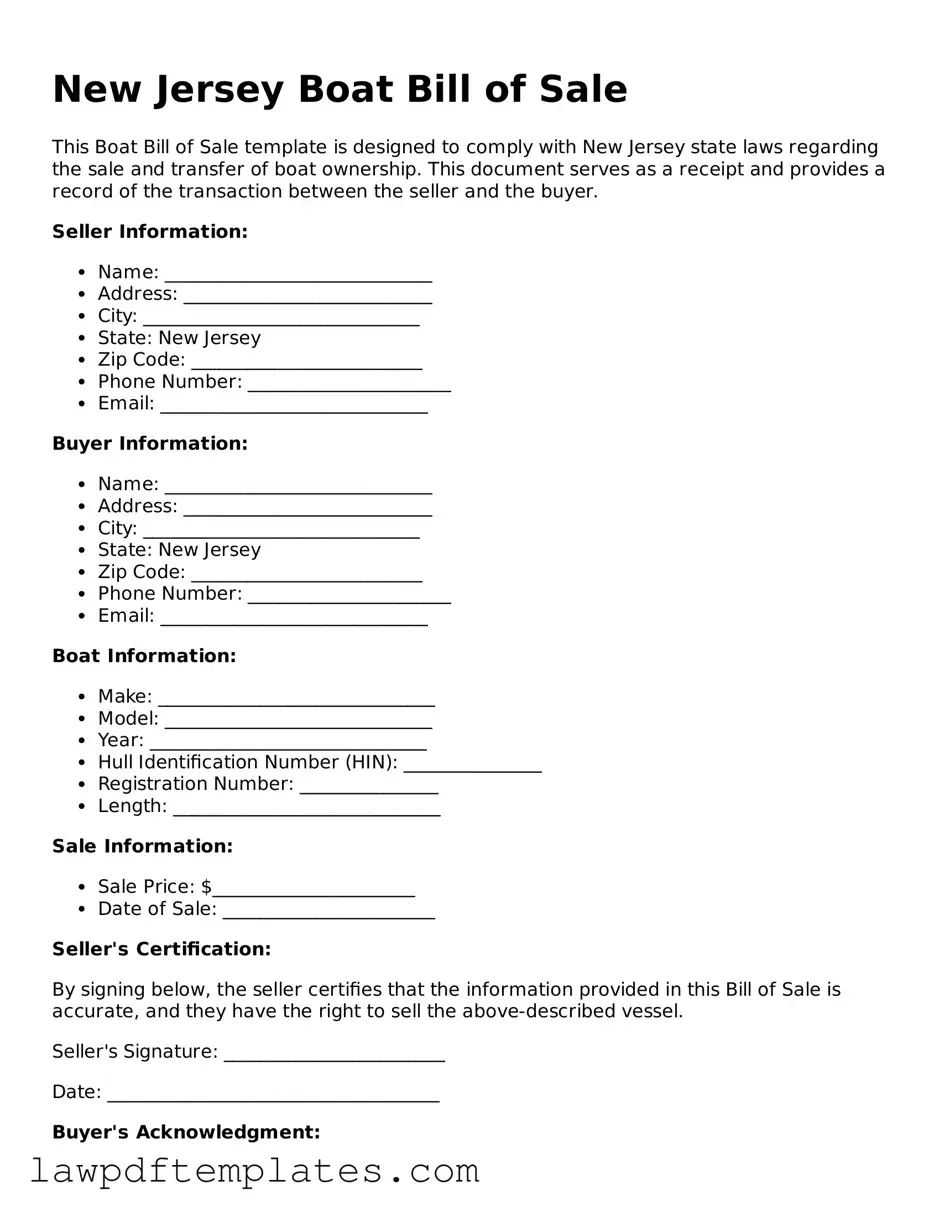 Free Boat Bill of Sale Template for the State of New Jersey