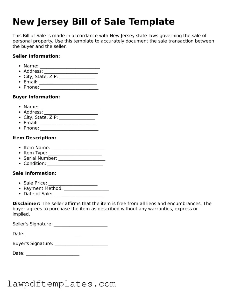 Free Bill of Sale Template for the State of New Jersey