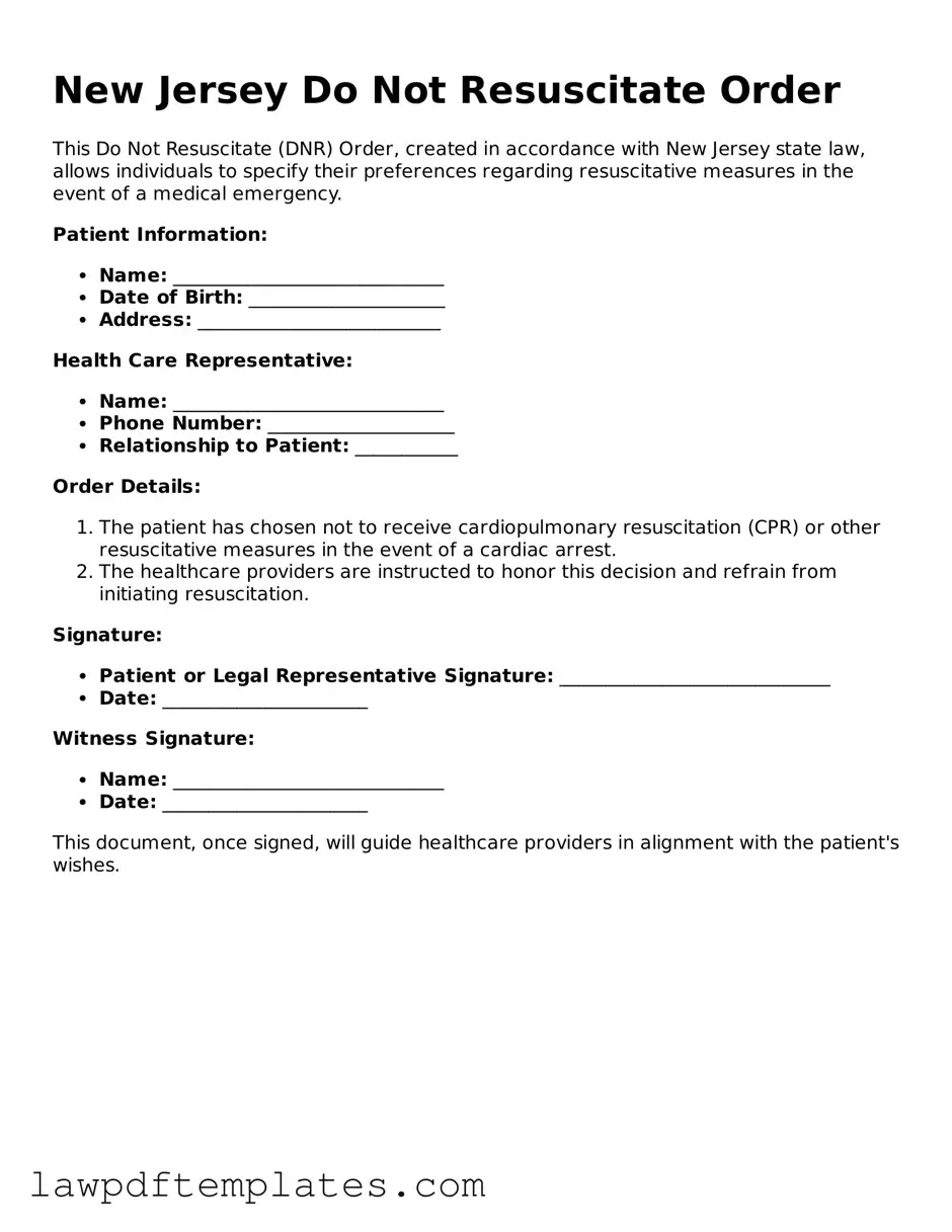 Free Do Not Resuscitate Order Template for the State of New Jersey