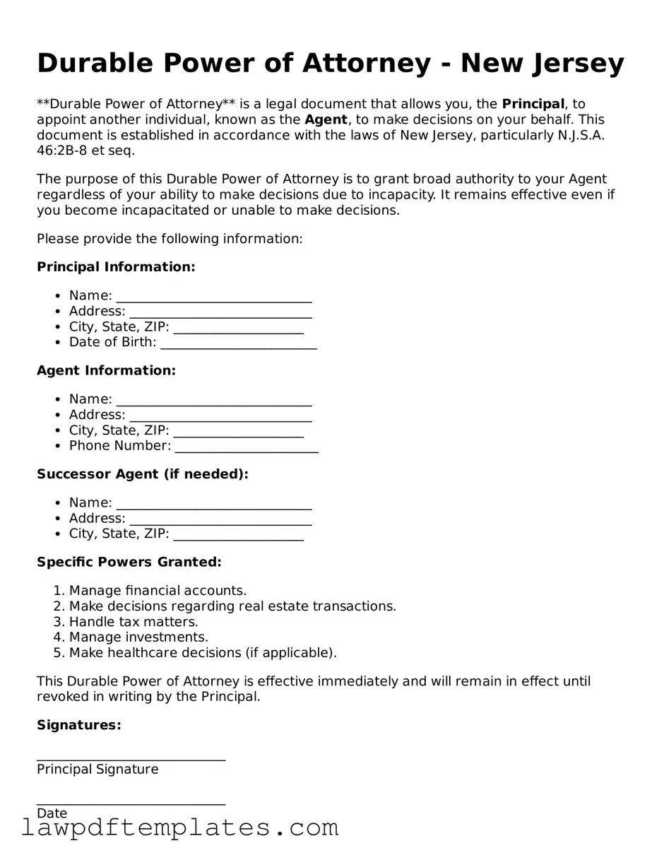 Free Durable Power of Attorney Template for the State of New Jersey