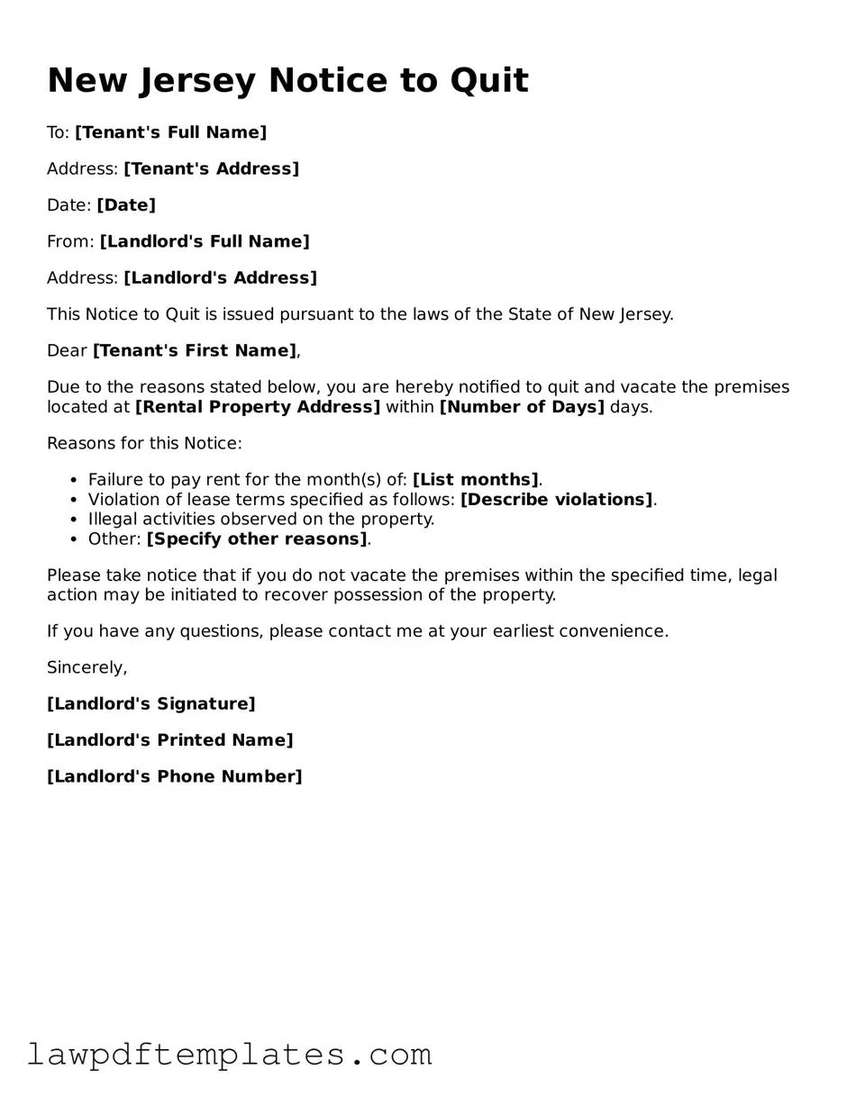 Free Notice to Quit Template for the State of New Jersey