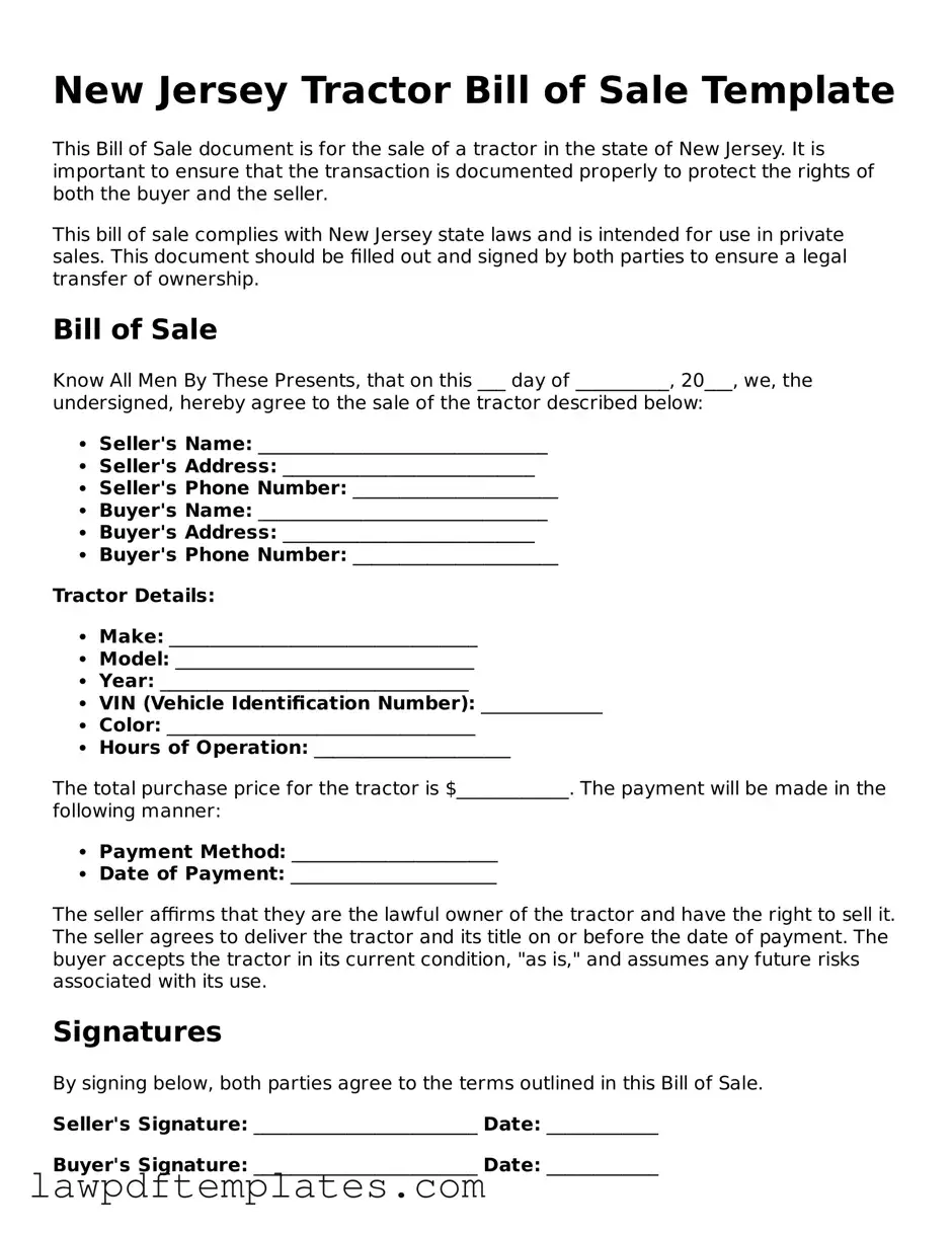Free Tractor Bill of Sale Template for the State of New Jersey