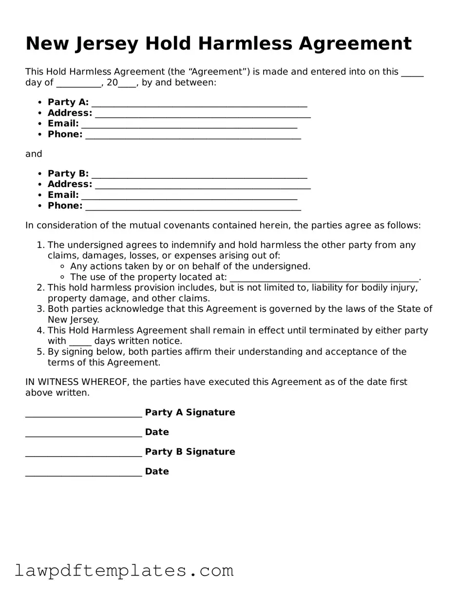 Free Hold Harmless Agreement Template for the State of New Jersey