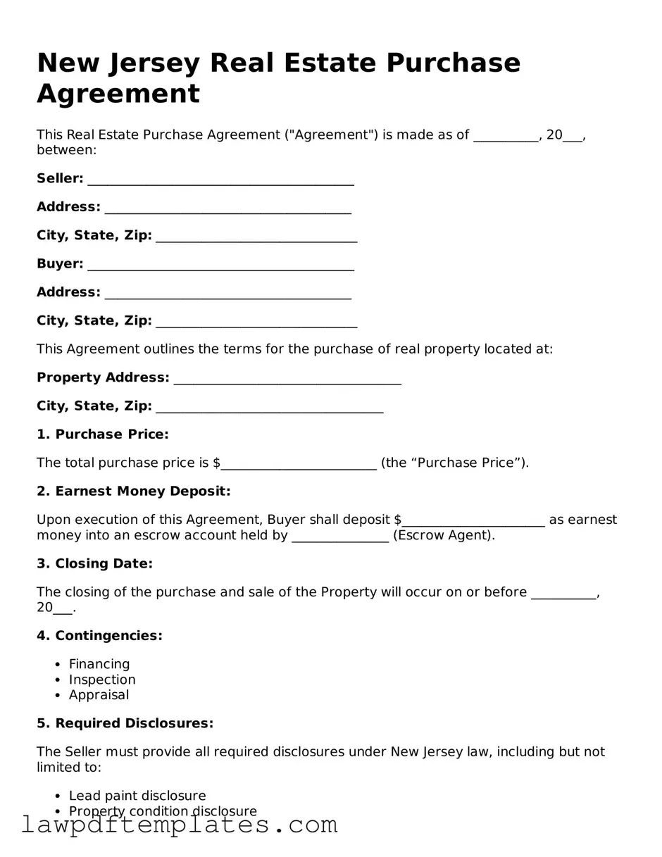 Free Real Estate Purchase Agreement Template for the State of New Jersey