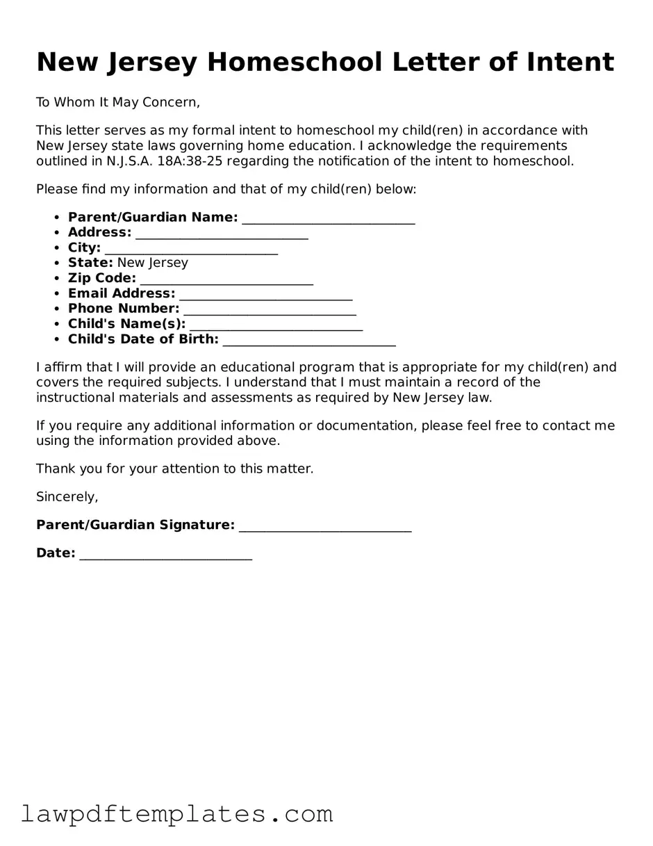 Free Homeschool Letter of Intent Template for the State of New Jersey