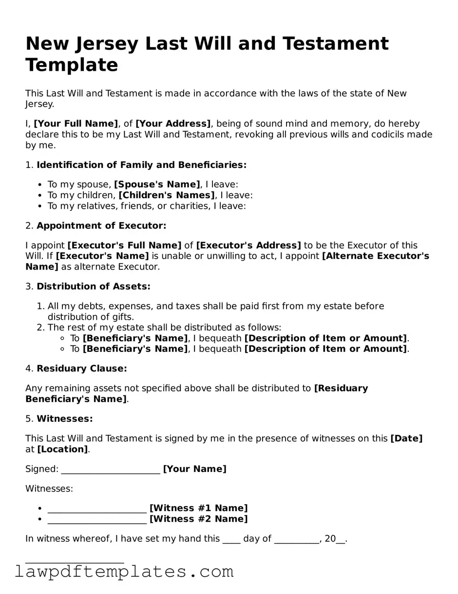 Free Last Will and Testament Template for the State of New Jersey