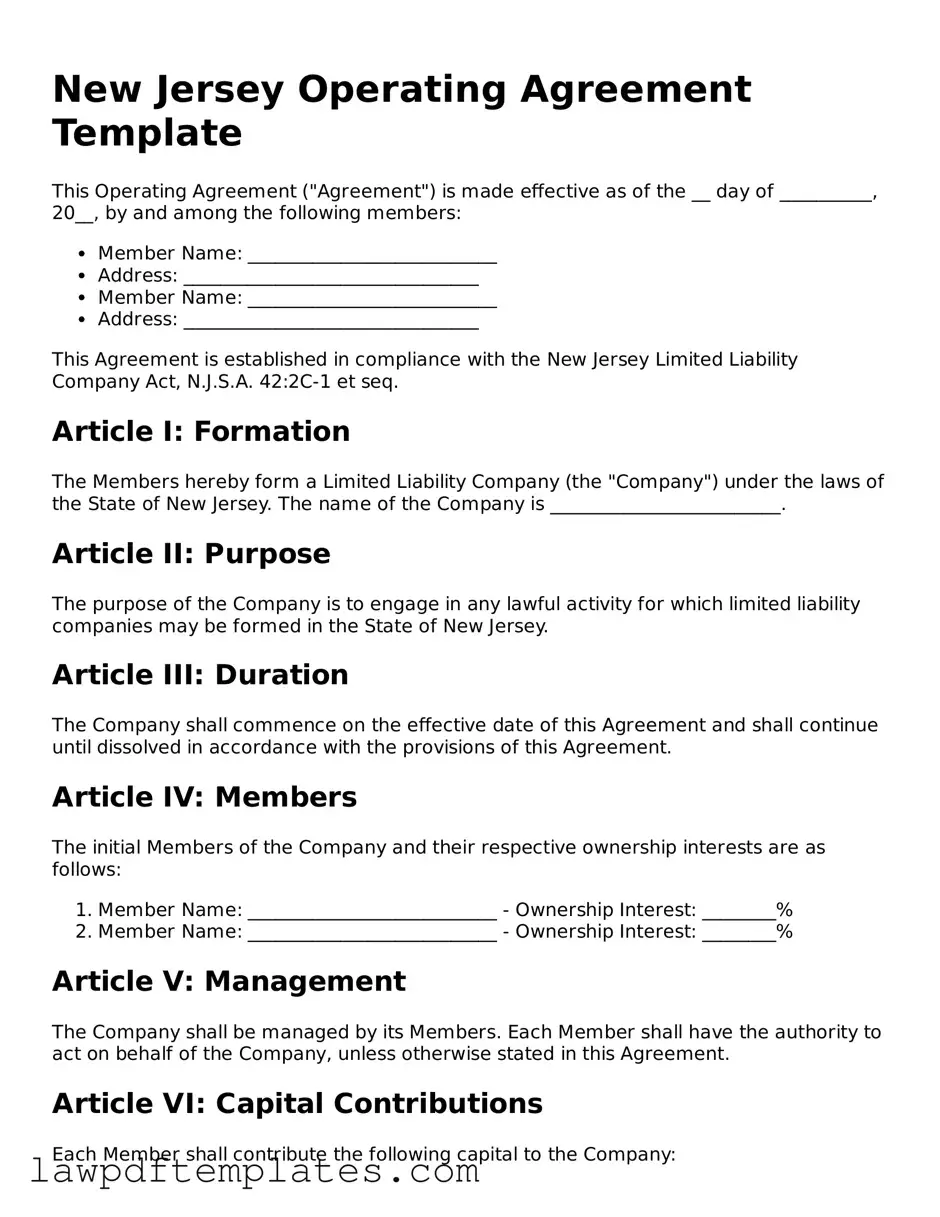 Free Operating Agreement Template for the State of New Jersey