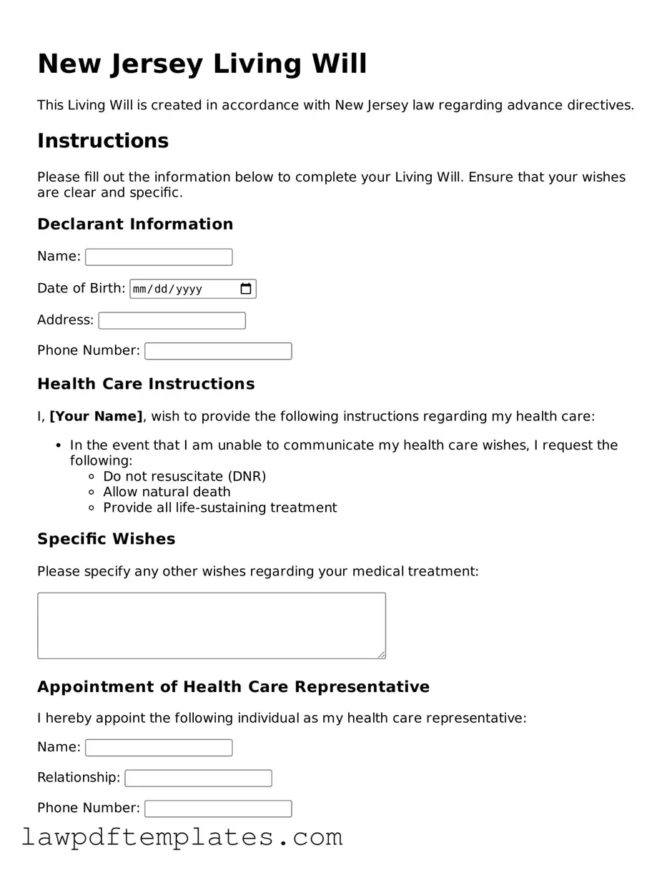 Free Living Will Template for the State of New Jersey