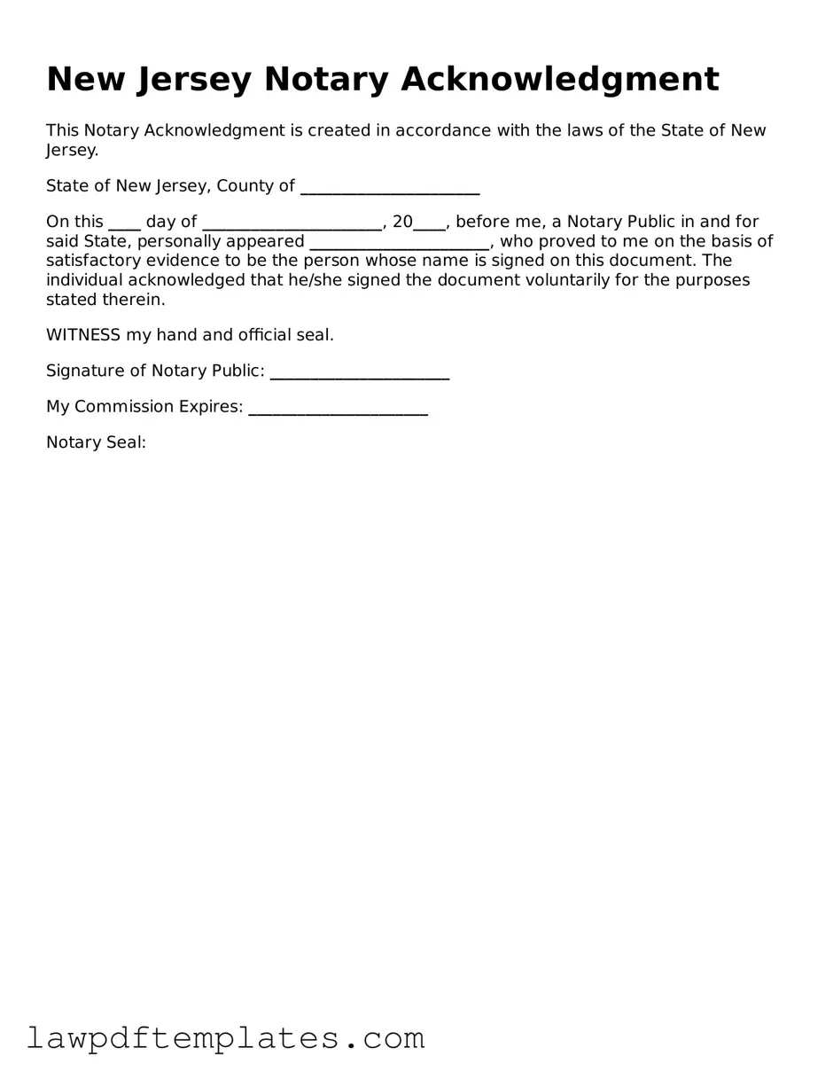 Free Notary Acknowledgement Template for the State of New Jersey