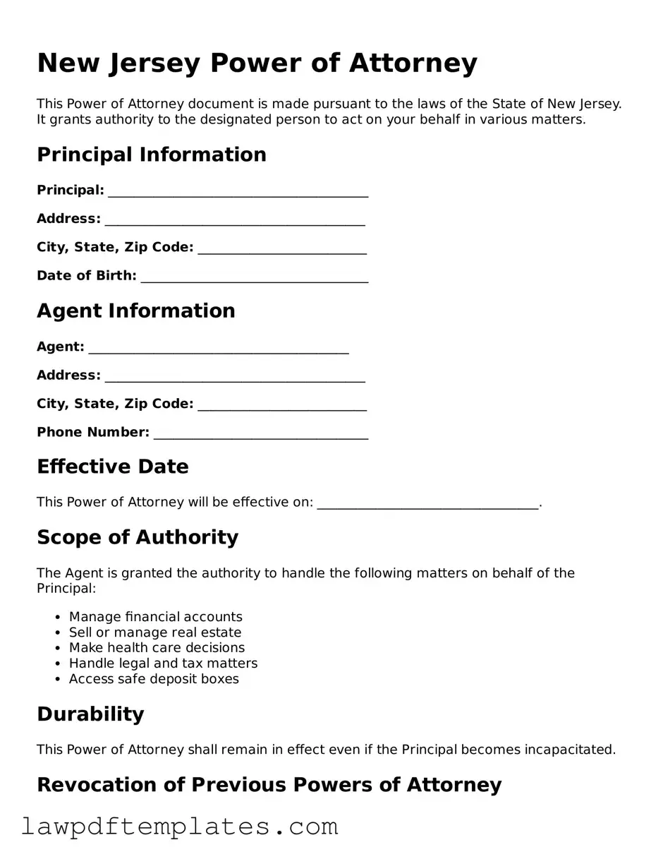 Free Power of Attorney Template for the State of New Jersey