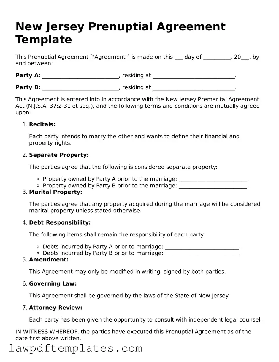 Free Prenuptial Agreement Template for the State of New Jersey