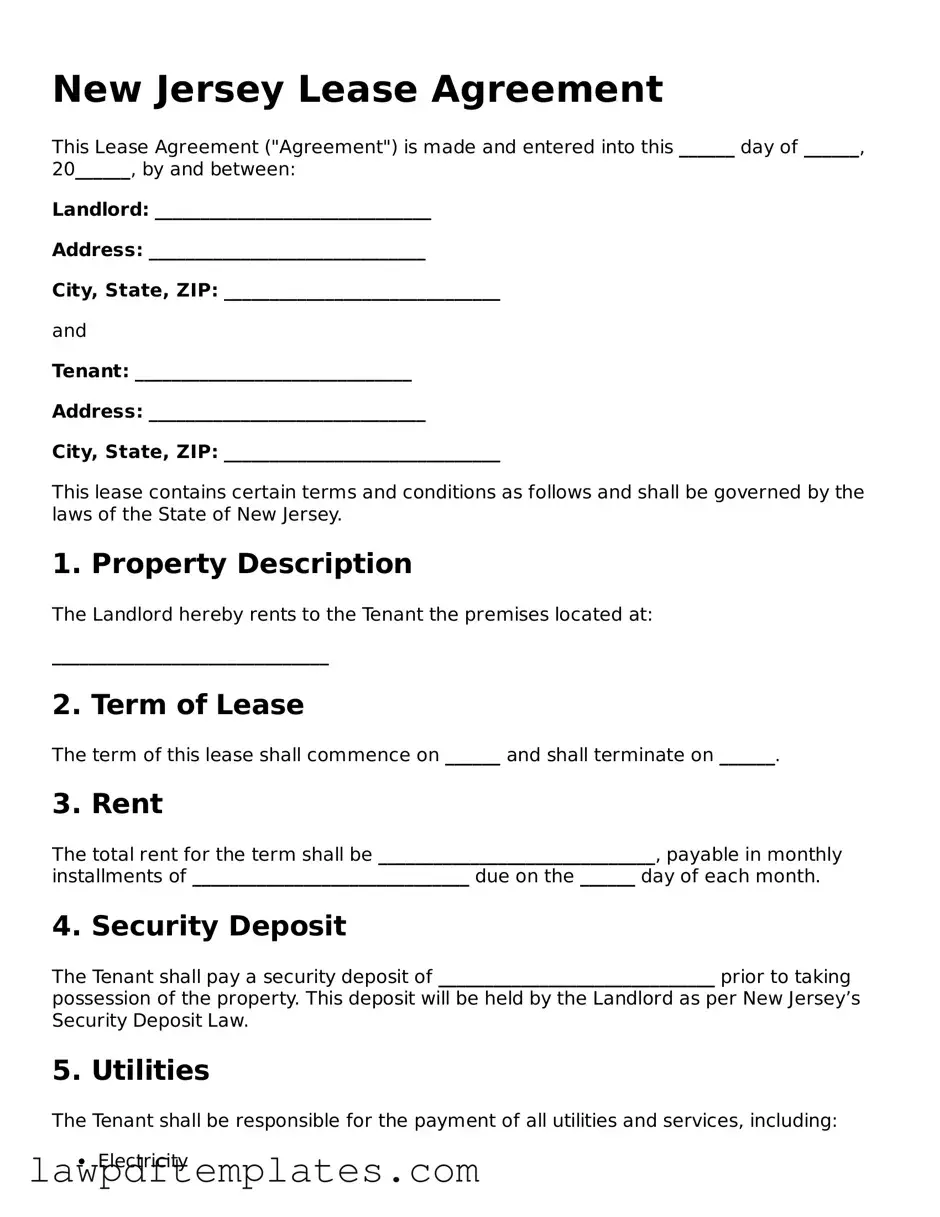 Free Lease Agreement Template for the State of New Jersey