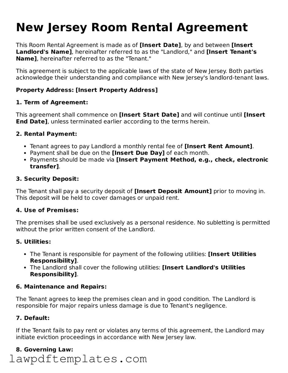 Free Room Rental Agreement Template for the State of New Jersey
