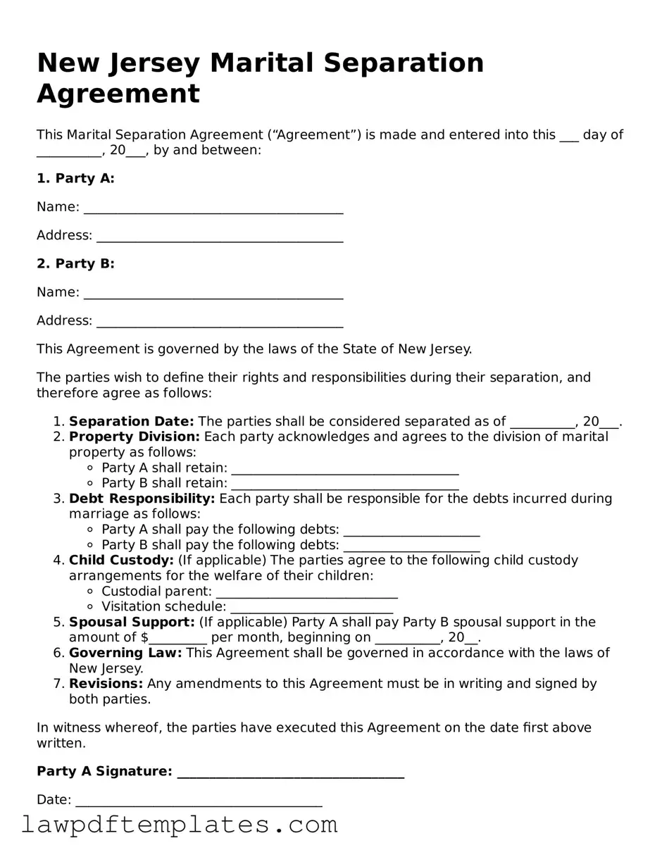 Free Marital Separation Agreement Template for the State of New Jersey