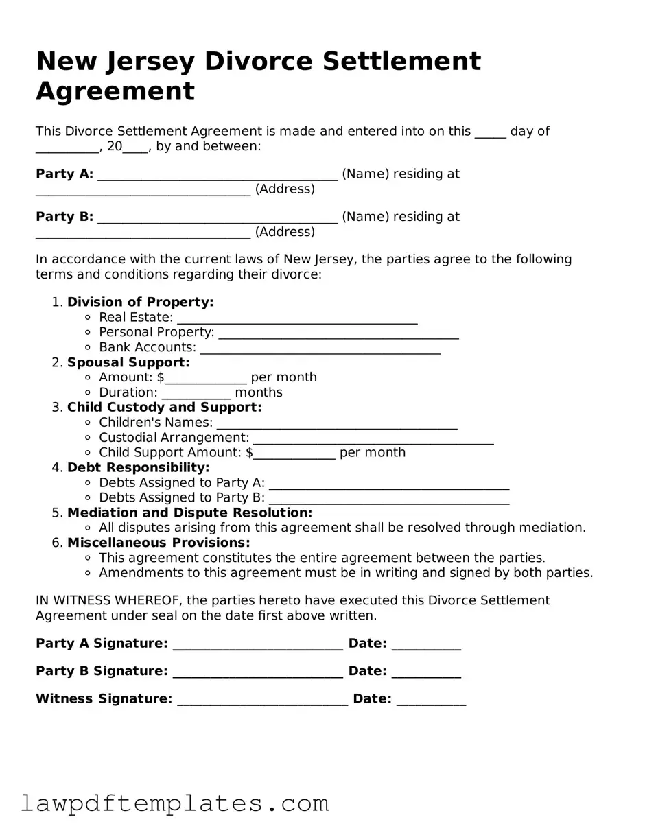 Free Divorce Settlement Agreement Template for the State of New Jersey
