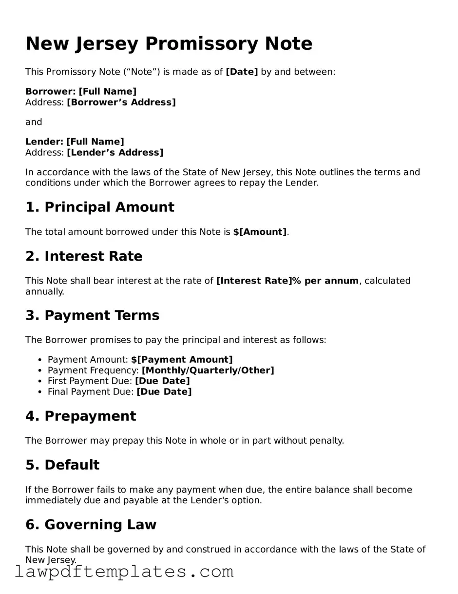 Free Promissory Note Template for the State of New Jersey