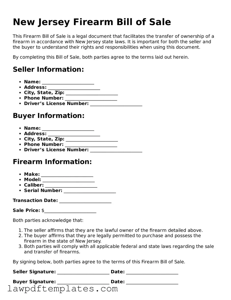 Free Firearm Bill of Sale Template for the State of New Jersey