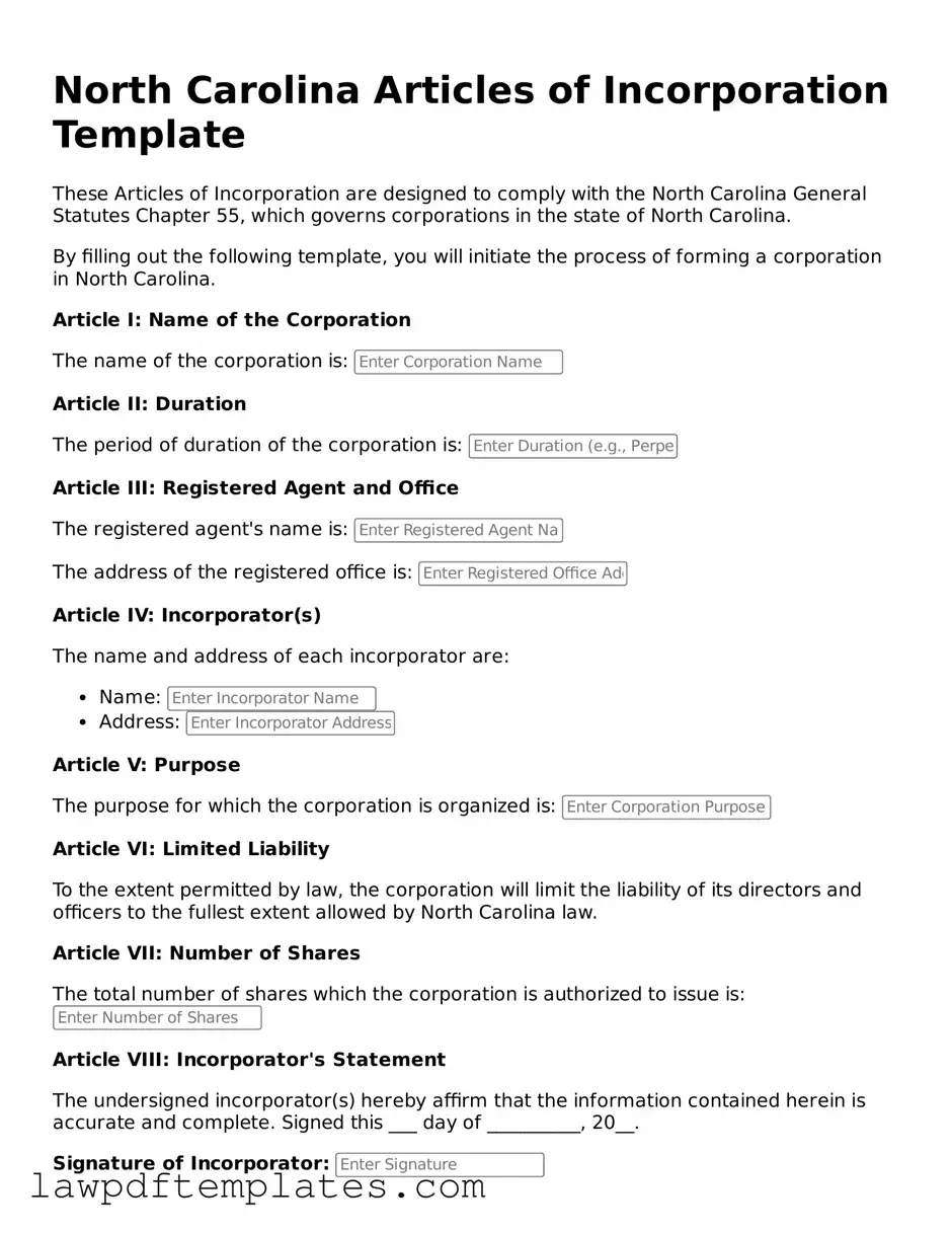 Free Articles of Incorporation Template for the State of North Carolina