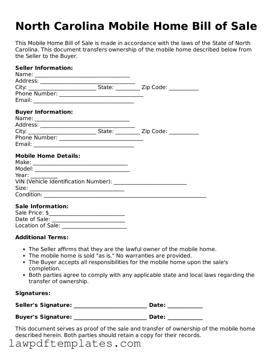 Free Mobile Home Bill of Sale Template for the State of North Carolina