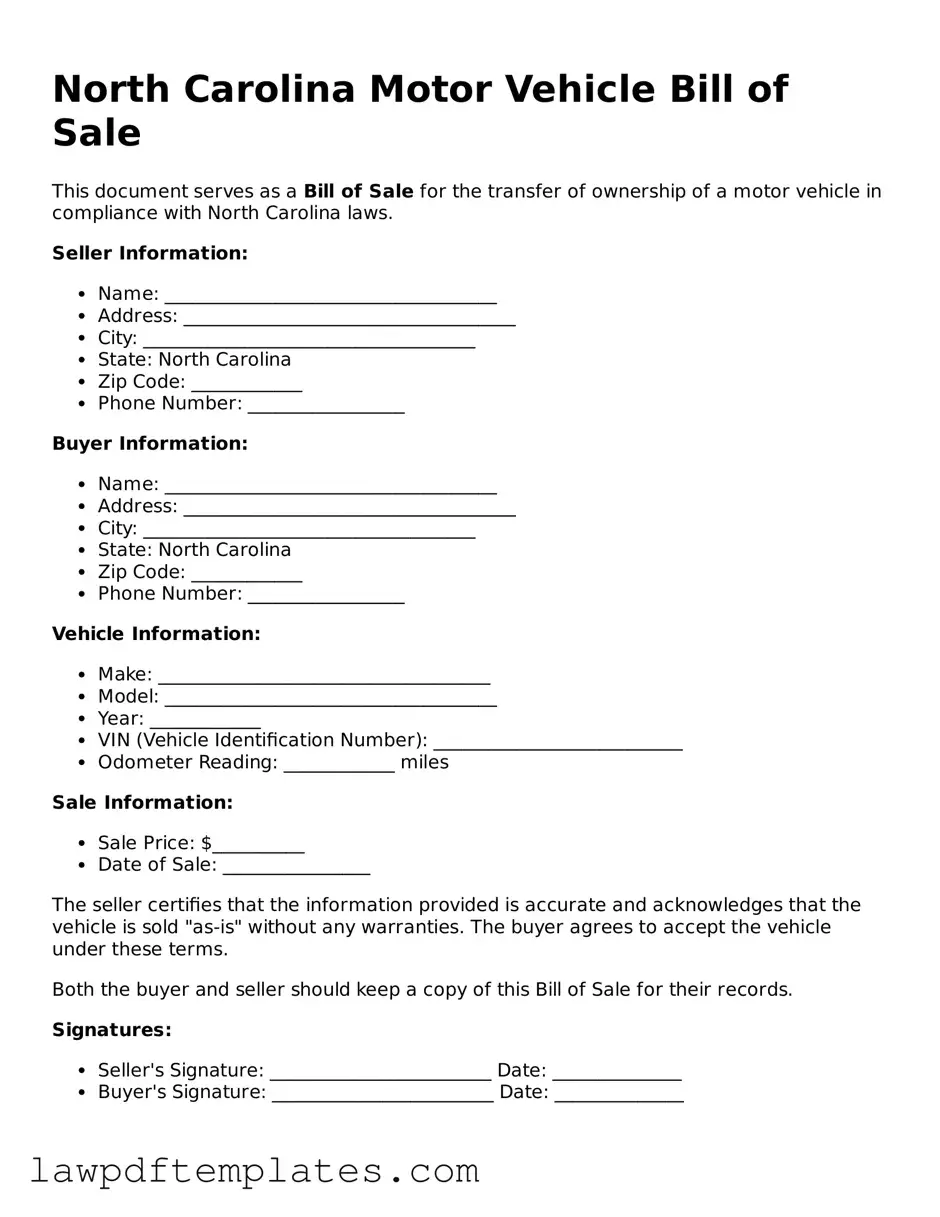 Free Motor Vehicle Bill of Sale Template for the State of North Carolina
