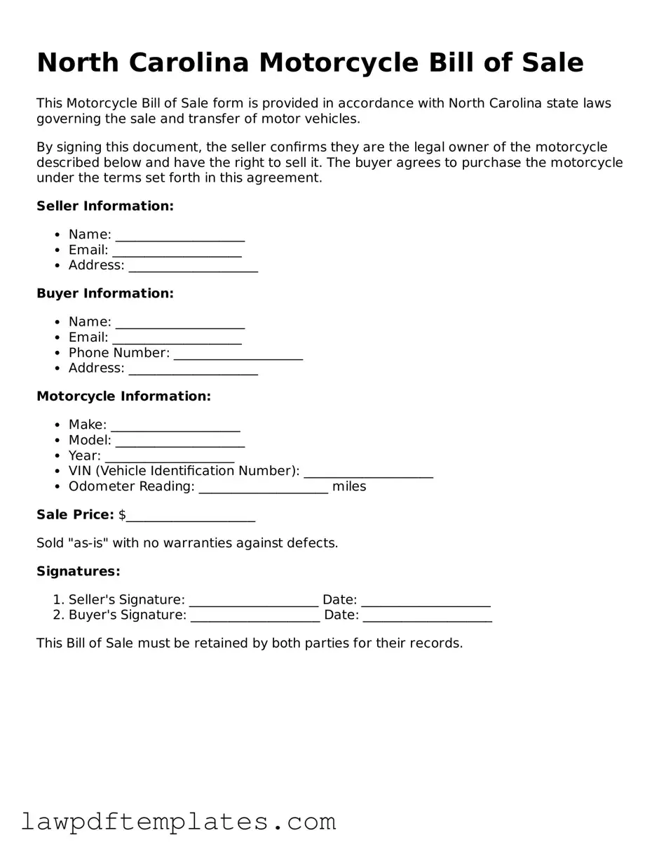 Free Motorcycle Bill of Sale Template for the State of North Carolina