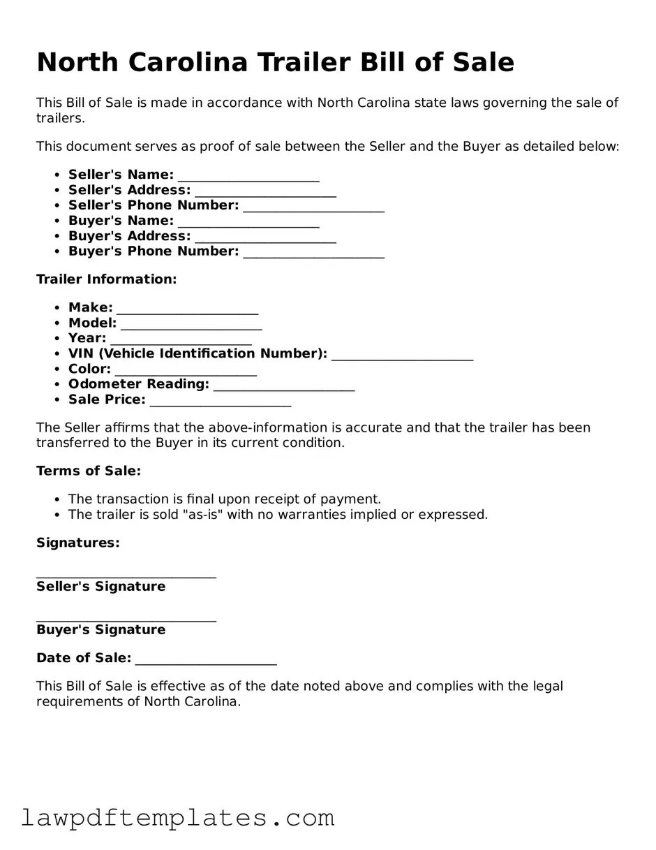 Free Trailer Bill of Sale Template for the State of North Carolina