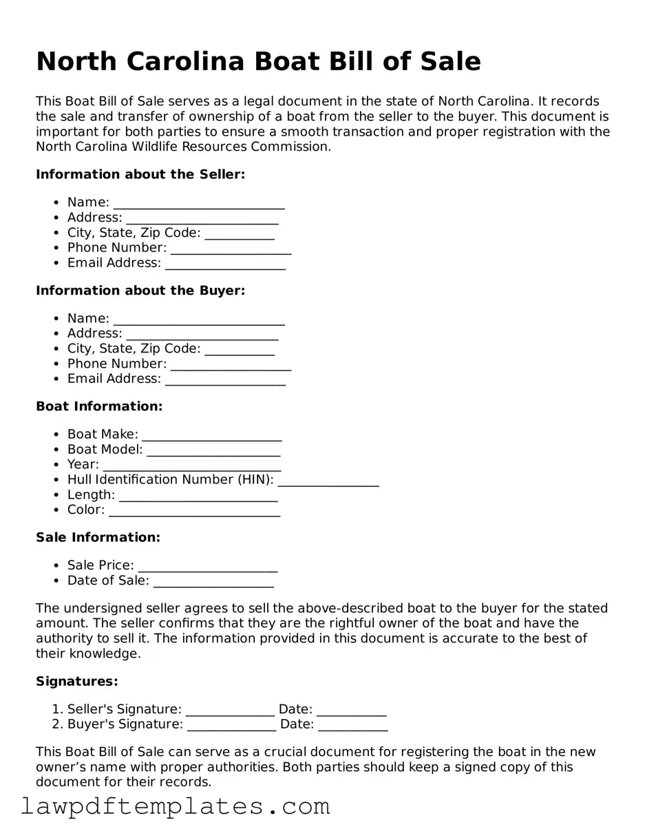 Free Boat Bill of Sale Template for the State of North Carolina