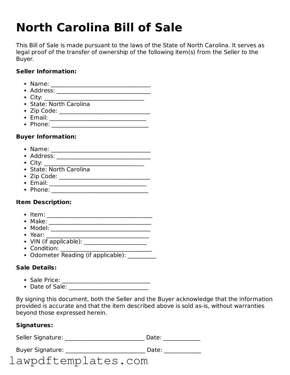 Free Bill of Sale Template for the State of North Carolina
