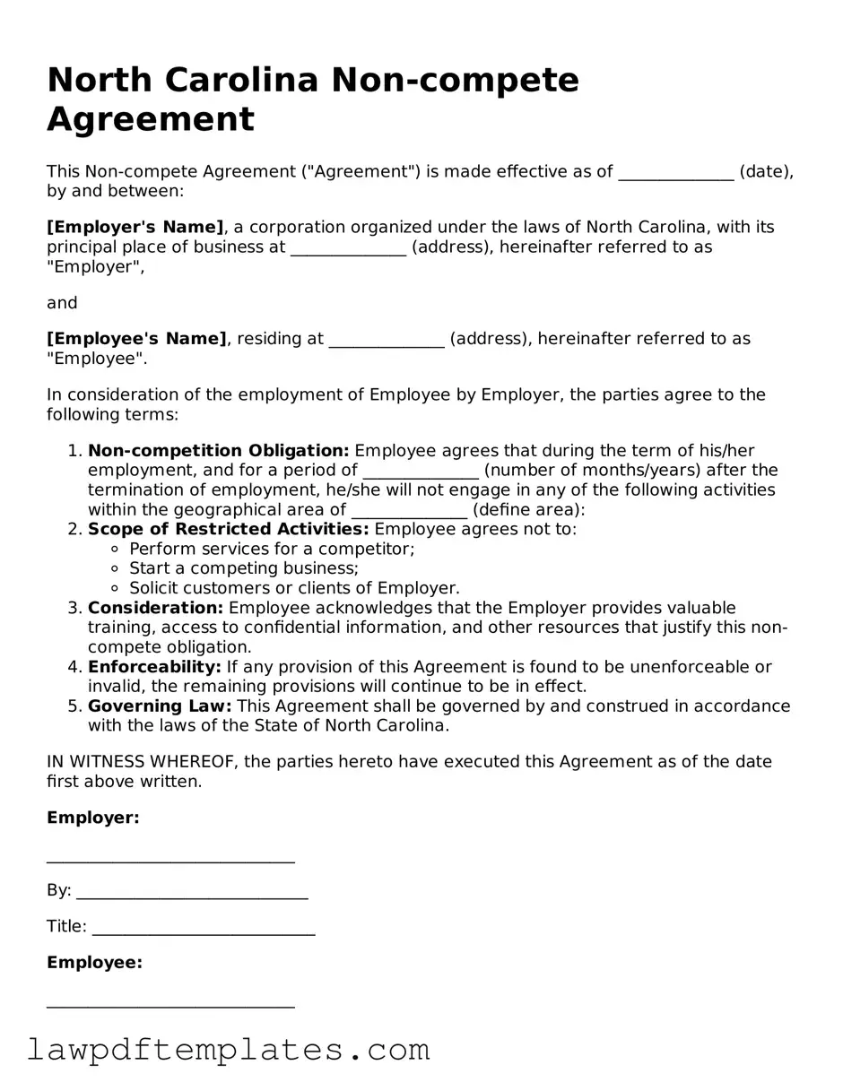 Free Non-compete Agreement Template for the State of North Carolina