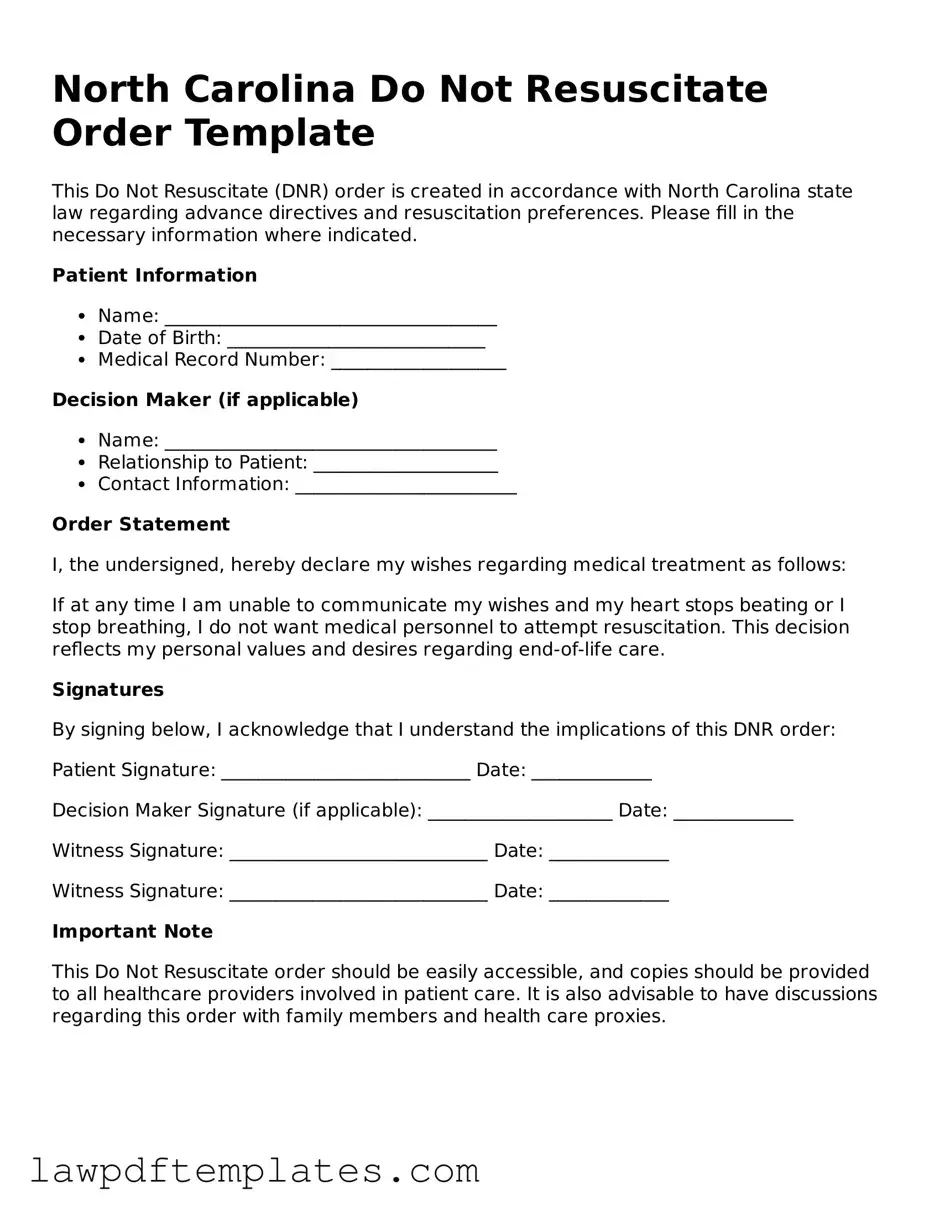 Free Do Not Resuscitate Order Template for the State of North Carolina