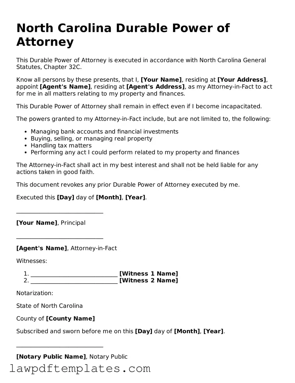 Free Durable Power of Attorney Template for the State of North Carolina