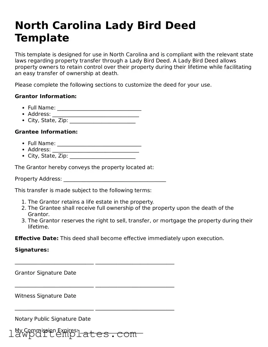 Free Lady Bird Deed Template for the State of North Carolina