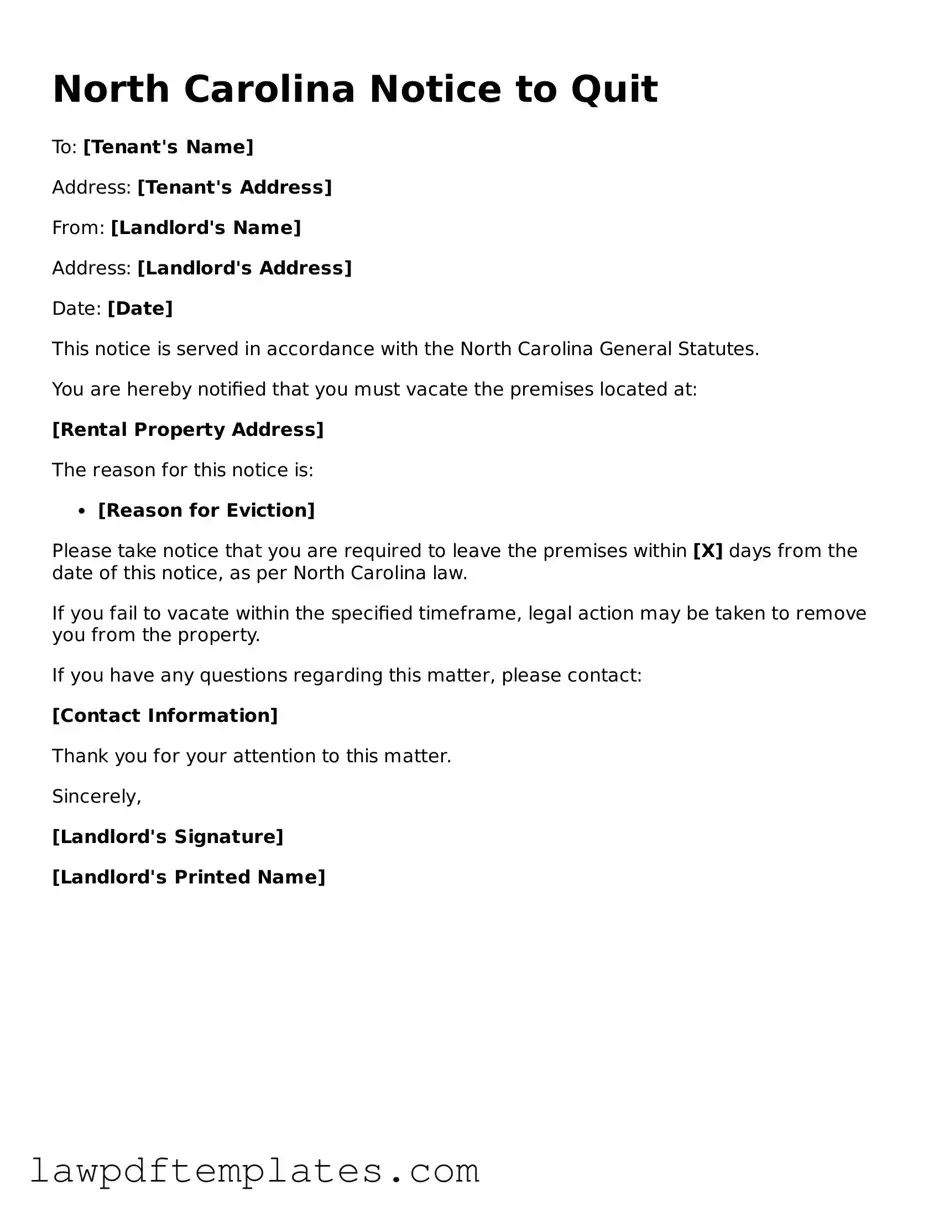 Free Notice to Quit Template for the State of North Carolina