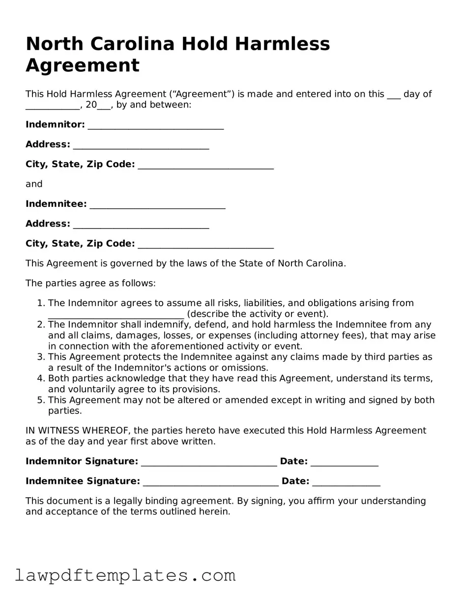 Free Hold Harmless Agreement Template for the State of North Carolina