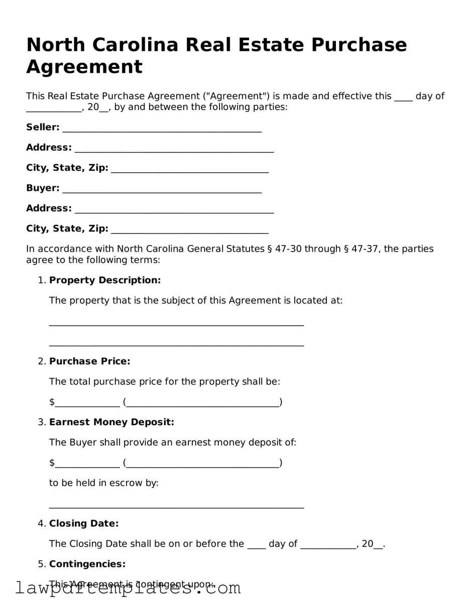 Free Real Estate Purchase Agreement Template for the State of North Carolina