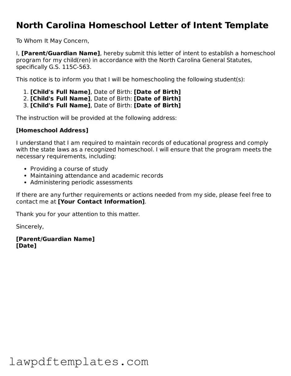 Free Homeschool Letter of Intent Template for the State of North Carolina