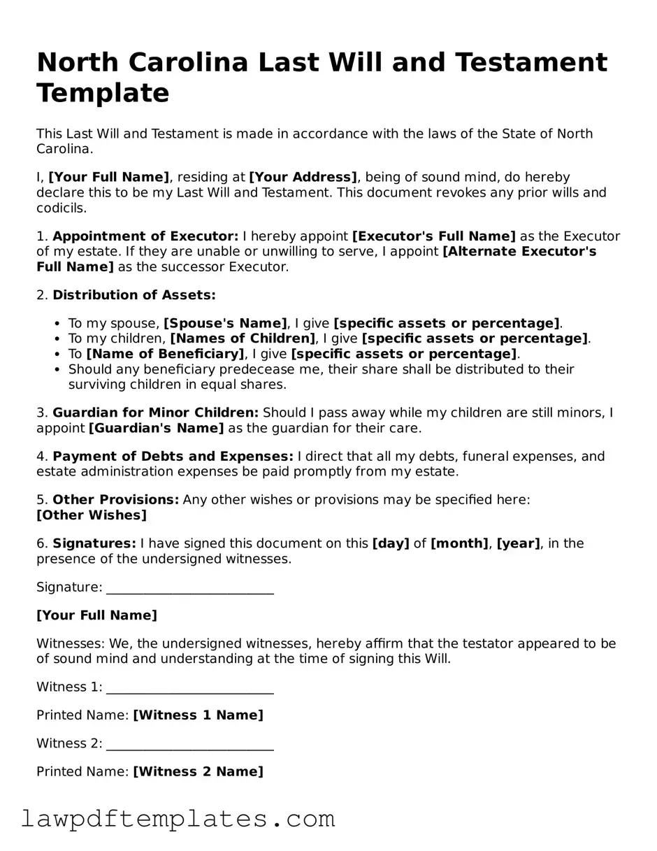 Free Last Will and Testament Template for the State of North Carolina