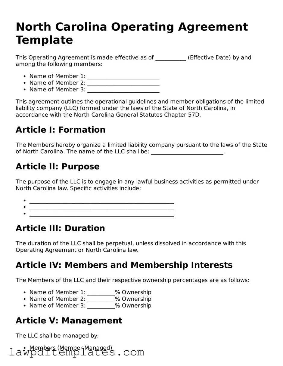 Free Operating Agreement Template for the State of North Carolina