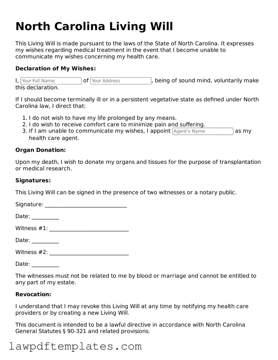 Free Living Will Template for the State of North Carolina