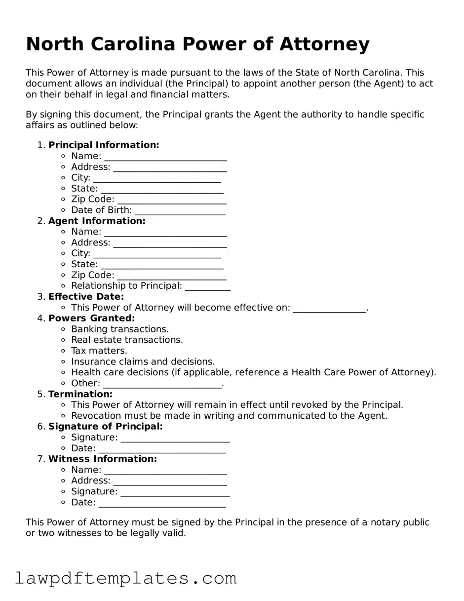 Free Power of Attorney Template for the State of North Carolina