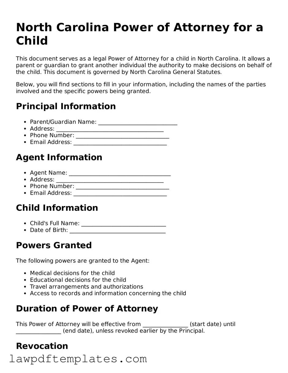 Free Power of Attorney for a Child Template for the State of North Carolina