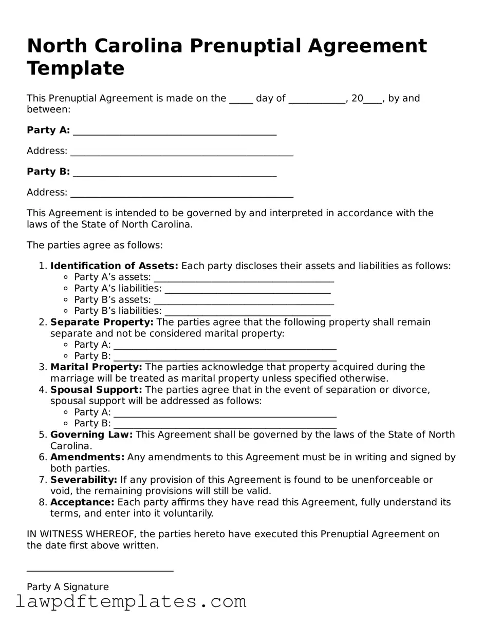 Free Prenuptial Agreement Template for the State of North Carolina