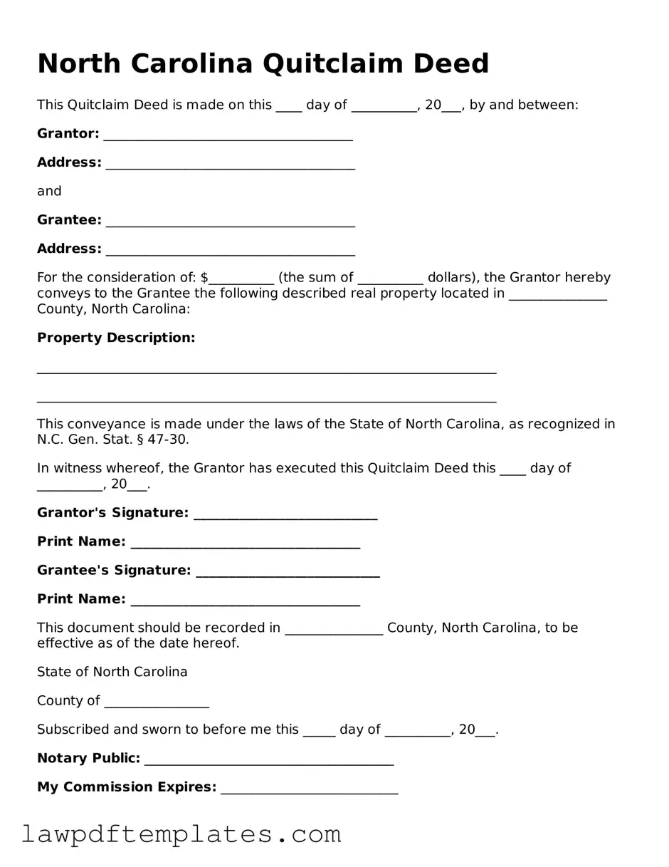 Free Quitclaim Deed Template for the State of North Carolina