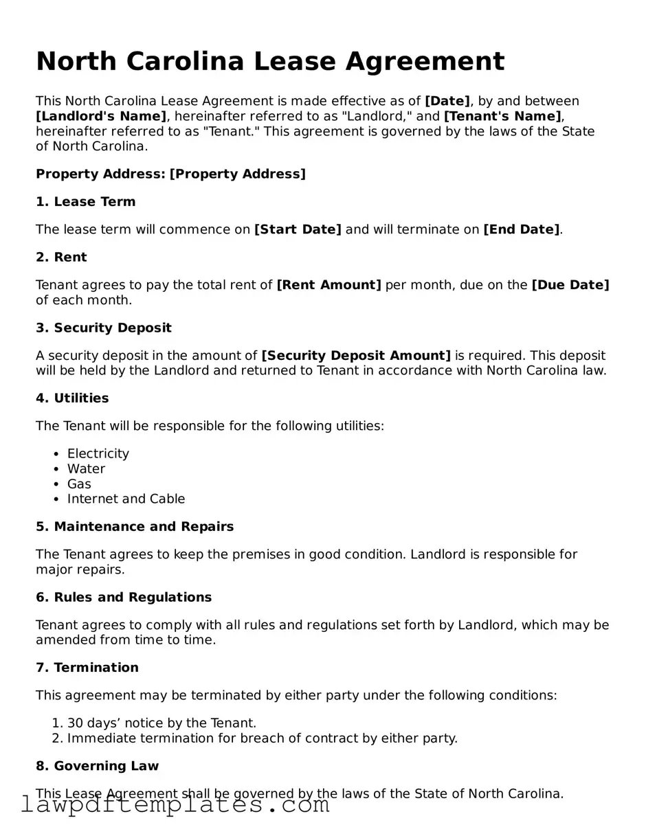 Free Lease Agreement Template for the State of North Carolina