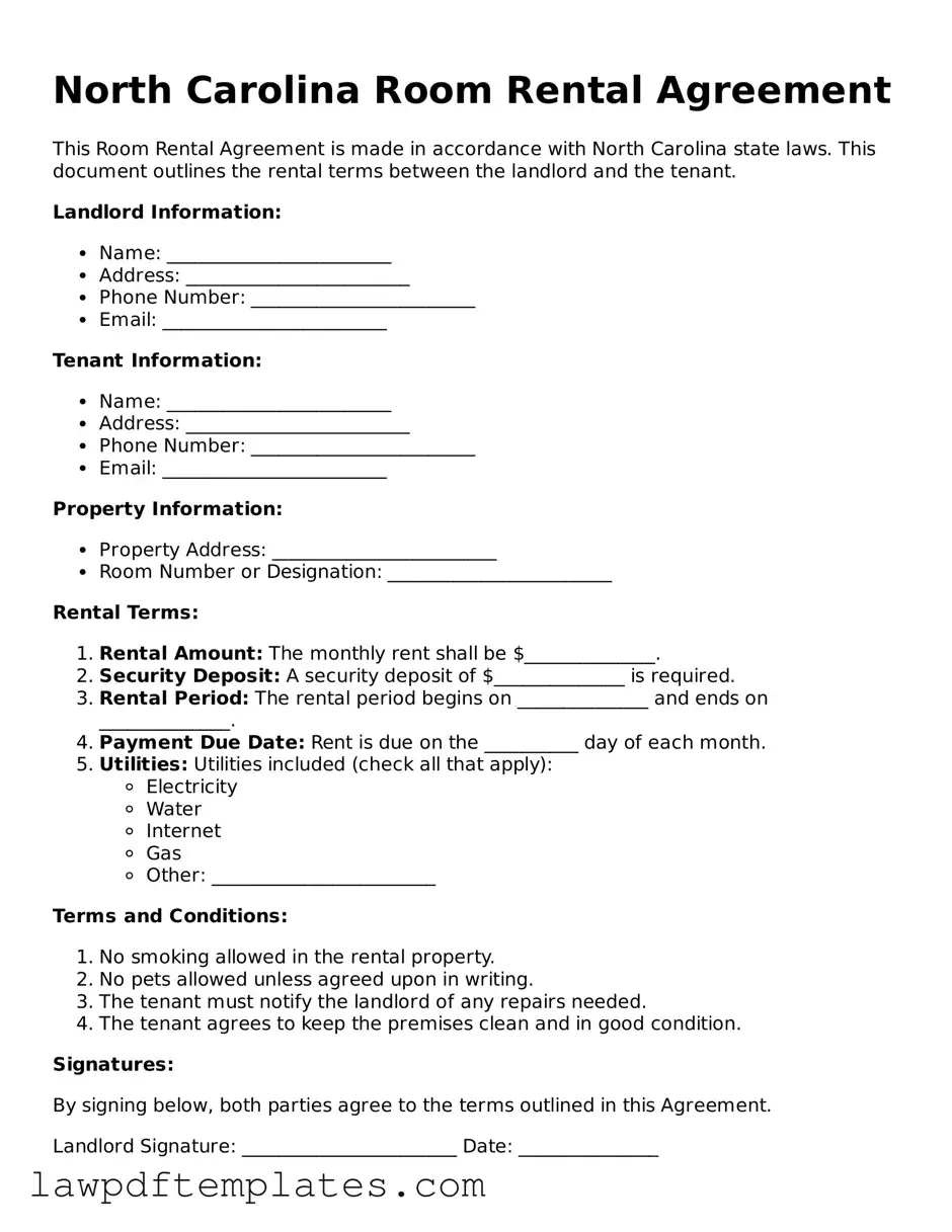 Free Room Rental Agreement Template for the State of North Carolina