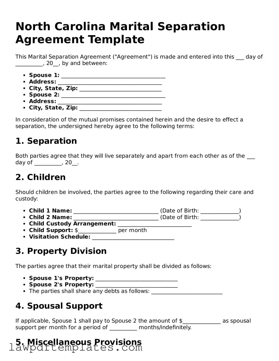 Free Marital Separation Agreement Template for the State of North Carolina