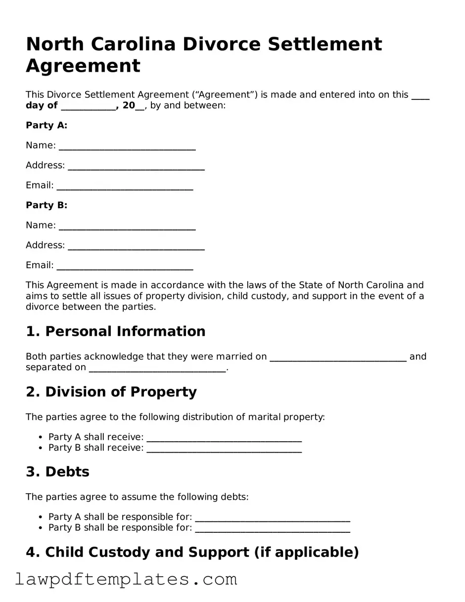Free Divorce Settlement Agreement Template for the State of North Carolina