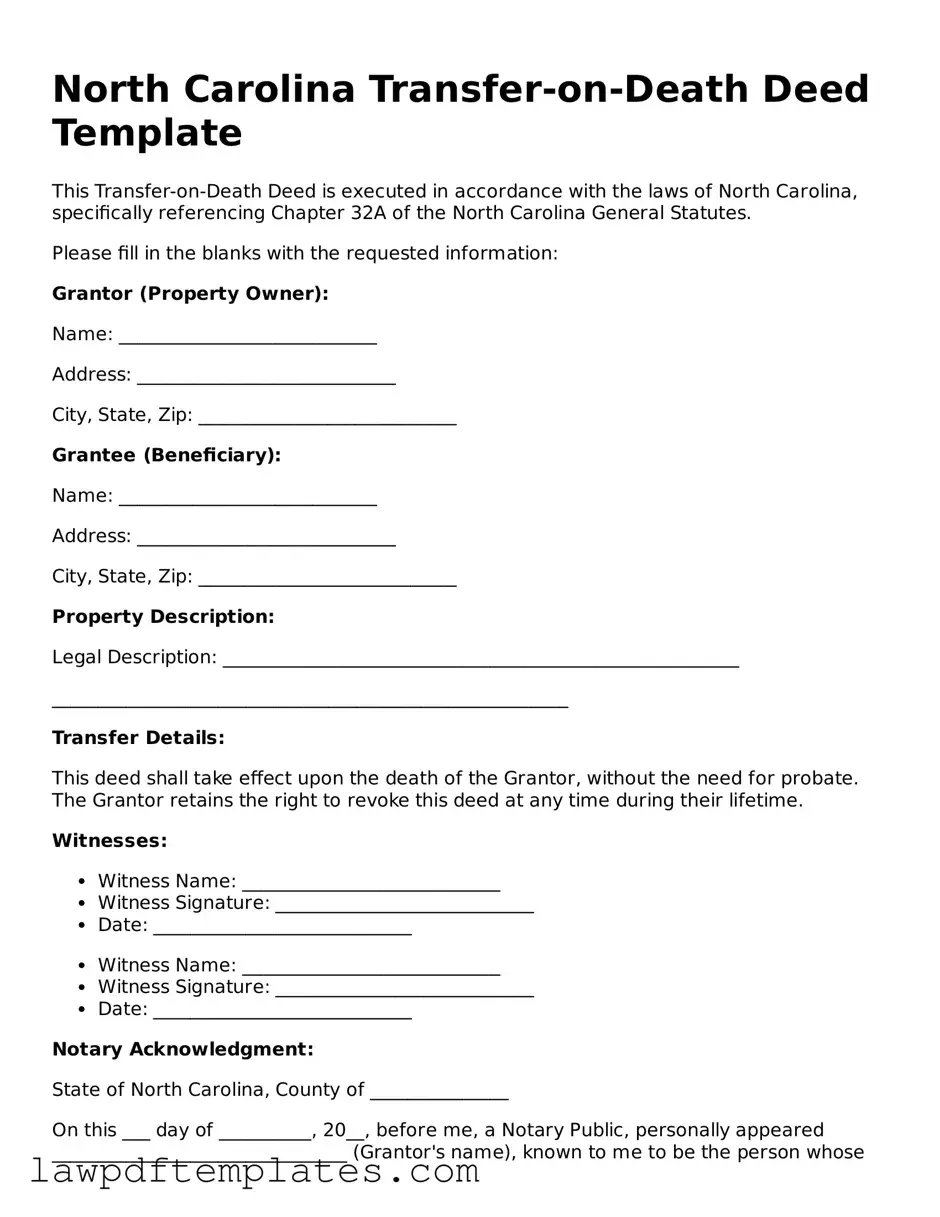 Free Transfer-on-Death Deed Template for the State of North Carolina